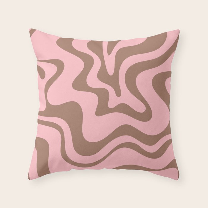 Retro Liquid Swirl Abstract Contemporary Pattern 5 in Mocha Brown and Pink Throw Pillow Gallery Image 6