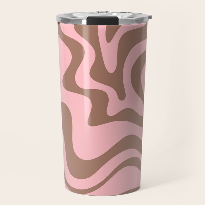 Retro Liquid Swirl Abstract Contemporary Pattern 5 in Mocha Brown and Pink Travel Mug Gallery Image 1