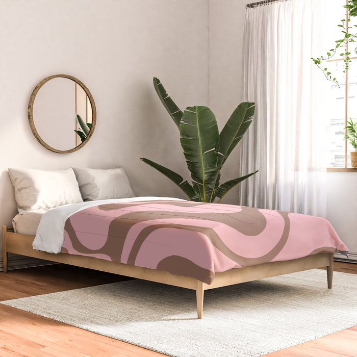 Retro Liquid Swirl Abstract Contemporary Pattern 5 in Mocha Brown and Pink Comforter Gallery Image 2
