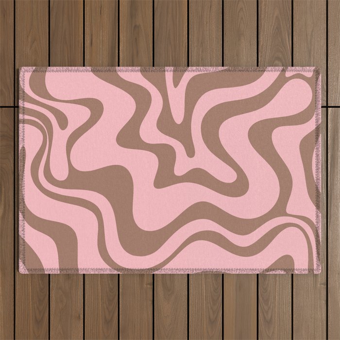 Retro Liquid Swirl Abstract Contemporary Pattern 5 in Mocha Brown and Pink Outdoor Rug Gallery Image 1