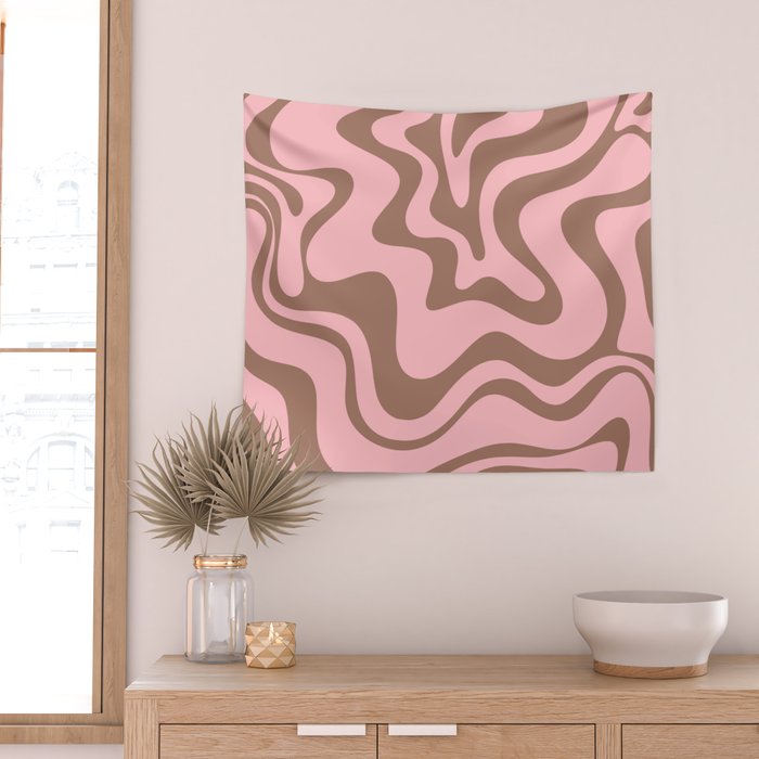 Retro Liquid Swirl Abstract Contemporary Pattern 5 in Mocha Brown and Pink Wall Tapestry Gallery Image 2