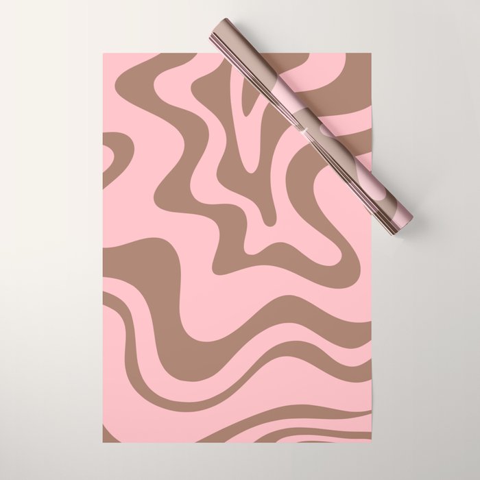 Retro Liquid Swirl Abstract Contemporary Pattern 5 in Mocha Brown and Pink Wrapping Paper Gallery Image 1