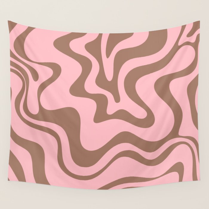 Retro Liquid Swirl Abstract Contemporary Pattern 5 in Mocha Brown and Pink Wall Tapestry Gallery Image 4