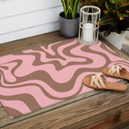 Retro Liquid Swirl Abstract Contemporary Pattern 5 in Mocha Brown and Pink Outdoor Rug Gallery Image 2