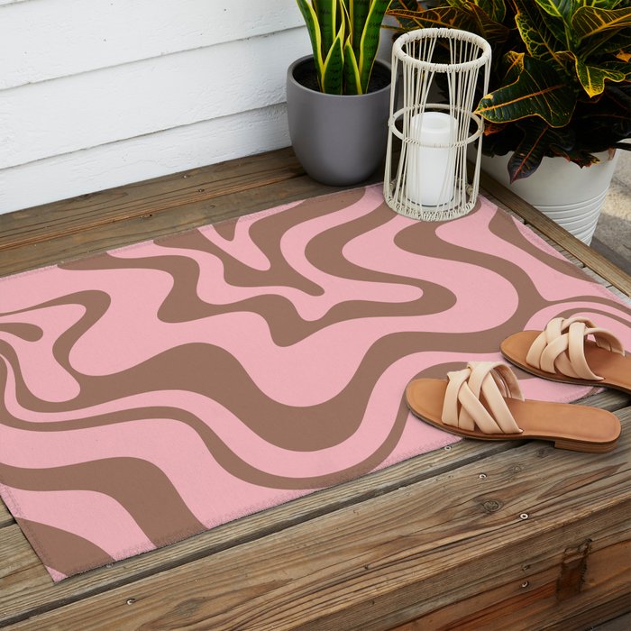 Retro Liquid Swirl Abstract Contemporary Pattern 5 in Mocha Brown and Pink Outdoor Rug Gallery Image 2