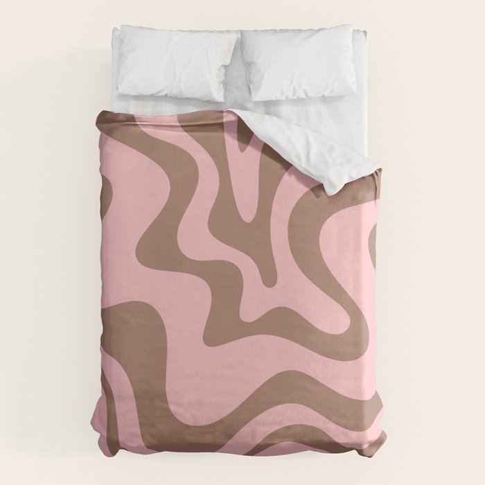 Retro Liquid Swirl Abstract Contemporary Pattern 5 in Mocha Brown and Pink Duvet Cover Gallery Image 1