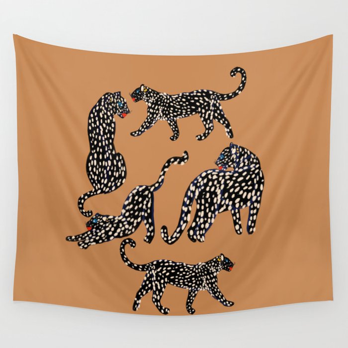 Black cheetah in sundial brown background  Wall Tapestry Gallery Image 1
