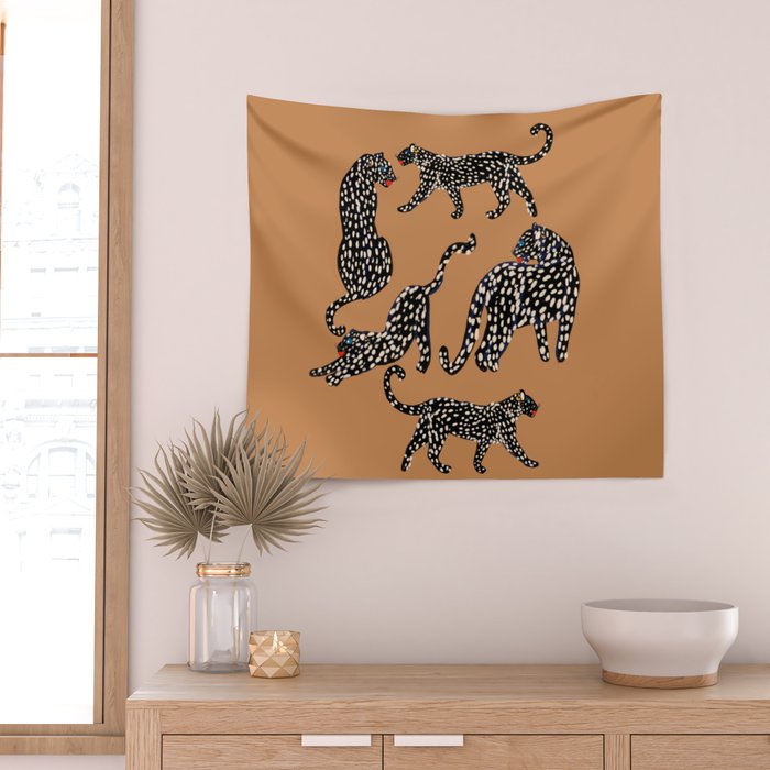 Black cheetah in sundial brown background  Wall Tapestry Gallery Image 2