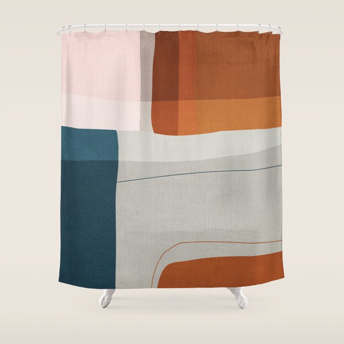 Burnt Orange Navy Abstract Shapes Shower Curtain Gallery Image 1