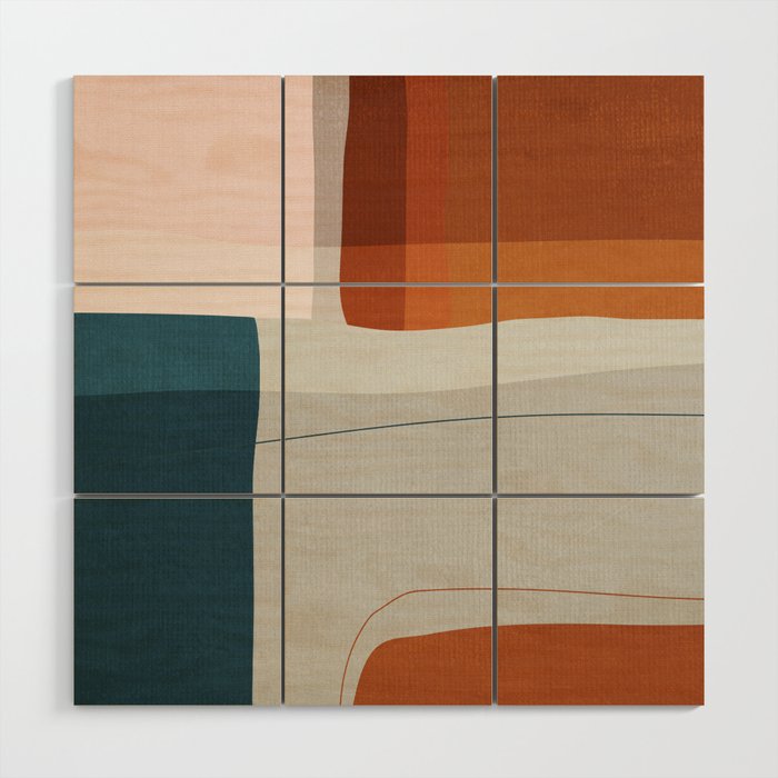 Burnt Orange Navy Abstract Shapes Wood Wall Art Gallery Image 1