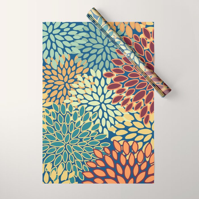 Festive Floral Prints, Red, Teal, Yellow, Orange, Colourful Prints Wrapping Paper Gallery Image 1