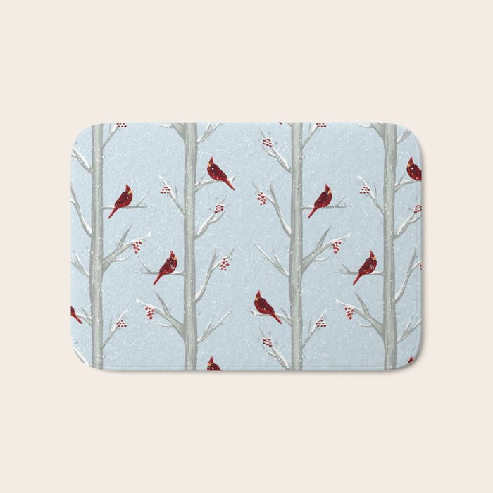 Red Cardinal Bird In The Winter Forest Bath Mat Gallery Image 1