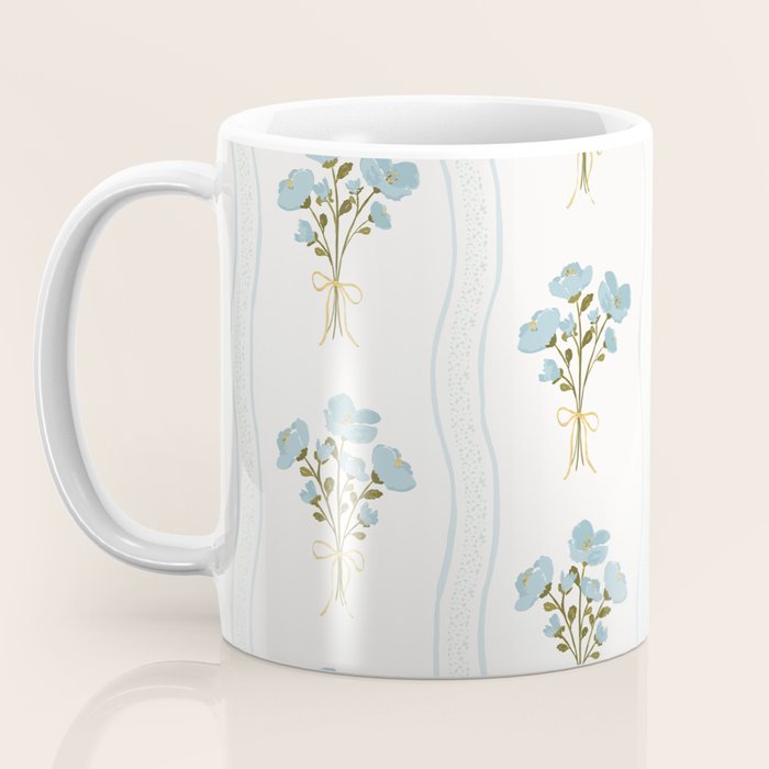 Delicate floral bouquets with vertical stripes - light blue peacock and moss green flowers pattern Coffee Mug Gallery Image 3