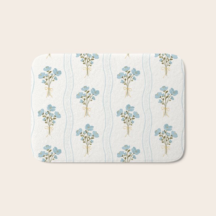 Delicate floral bouquets with vertical stripes - light blue peacock and moss green flowers pattern Bath Mat Gallery Image 1