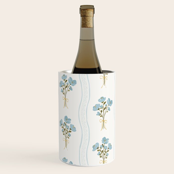 Delicate floral bouquets with vertical stripes - light blue peacock and moss green flowers pattern Wine Chiller Gallery Image 3