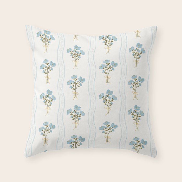 Delicate floral bouquets with vertical stripes - light blue peacock and moss green flowers pattern Throw Pillow Gallery Image 1