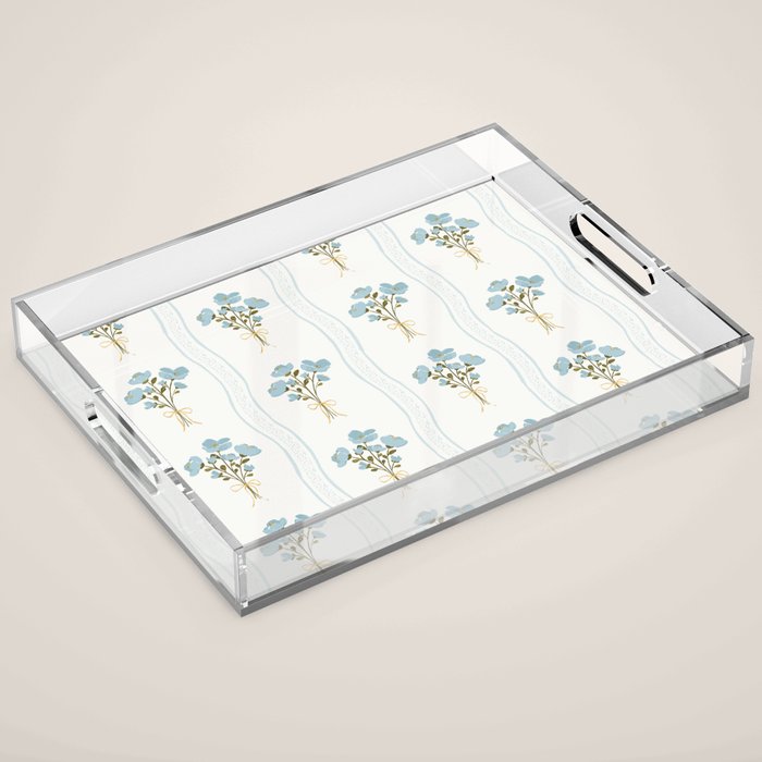 Delicate floral bouquets with vertical stripes - light blue peacock and moss green flowers pattern Acrylic Tray Gallery Image 1