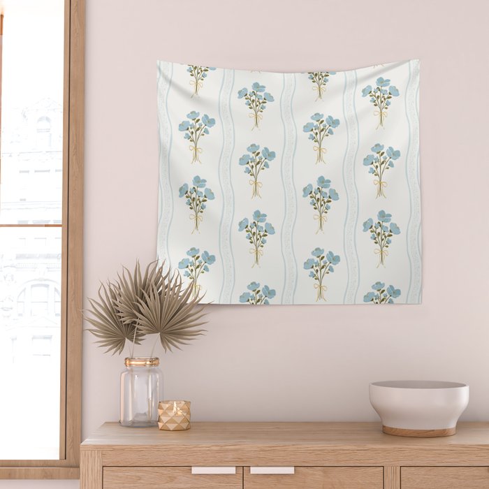 Delicate floral bouquets with vertical stripes - light blue peacock and moss green flowers pattern Wall Tapestry Gallery Image 2