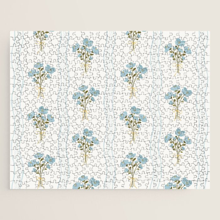Delicate floral bouquets with vertical stripes - light blue peacock and moss green flowers pattern Jigsaw Puzzle Gallery Image 1