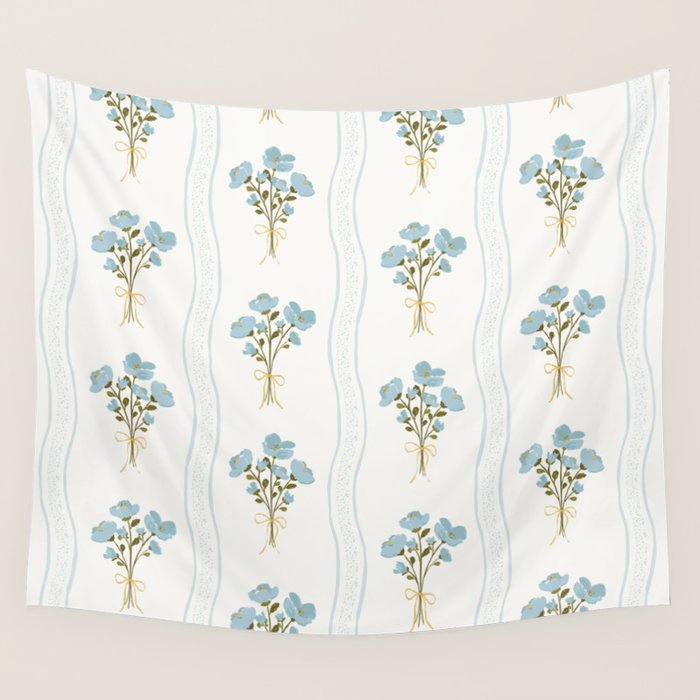Delicate floral bouquets with vertical stripes - light blue peacock and moss green flowers pattern Wall Tapestry Gallery Image 4