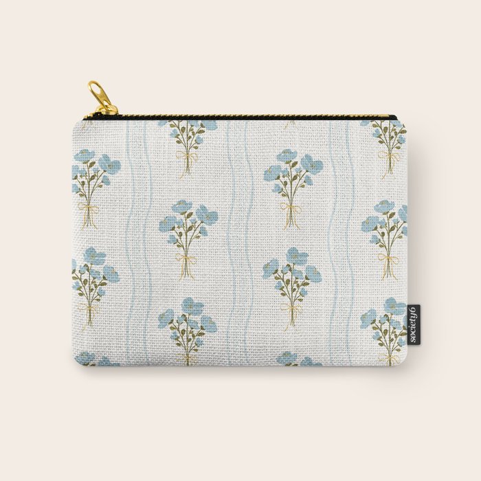 Delicate floral bouquets with vertical stripes - light blue peacock and moss green flowers pattern Carry All Pouch Gallery Image 1