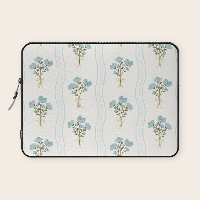 Delicate floral bouquets with vertical stripes - light blue peacock and moss green flowers pattern Laptop Sleeve Gallery Image 1