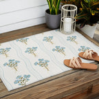 Delicate floral bouquets with vertical stripes - light blue peacock and moss green flowers pattern Outdoor Rug Gallery Image 2