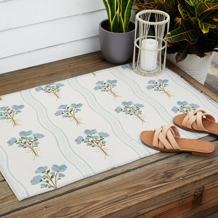 Delicate floral bouquets with vertical stripes - light blue peacock and moss green flowers pattern Outdoor Rug Gallery Image 2