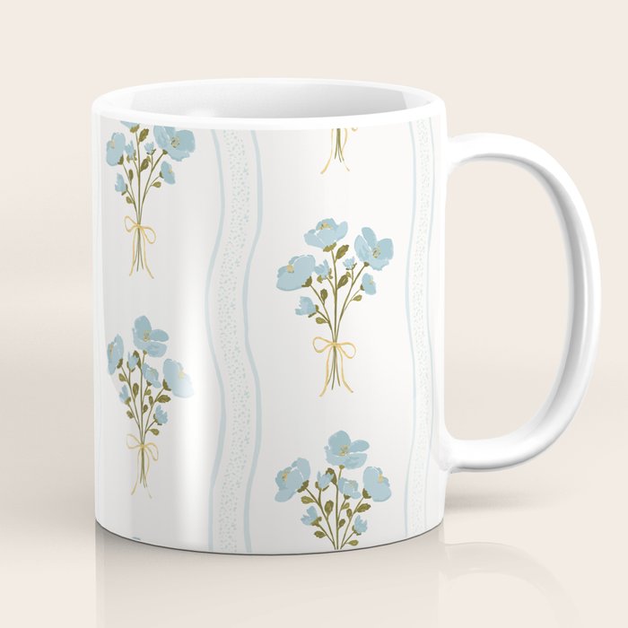 Delicate floral bouquets with vertical stripes - light blue peacock and moss green flowers pattern Coffee Mug Gallery Image 1