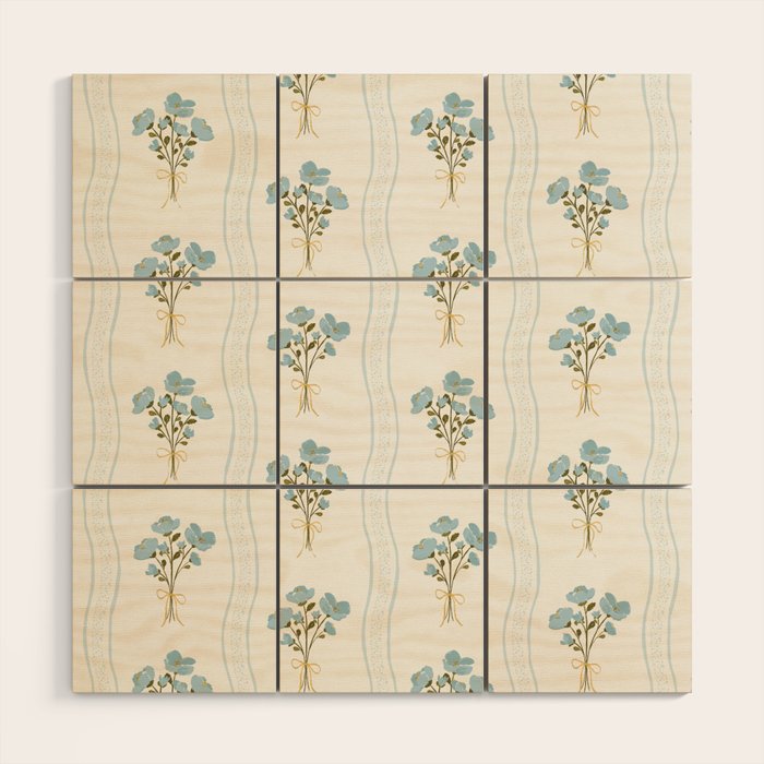 Delicate floral bouquets with vertical stripes - light blue peacock and moss green flowers pattern Wood Wall Art