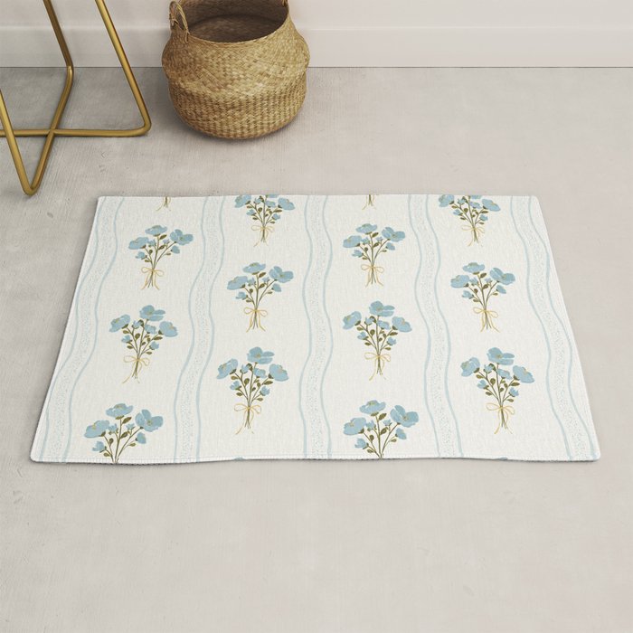 Delicate floral bouquets with vertical stripes - light blue peacock and moss green flowers pattern Rug Gallery Image 1
