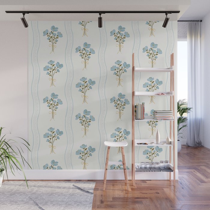 Delicate floral bouquets with vertical stripes - light blue peacock and moss green flowers pattern Wall Mural Gallery Image 1
