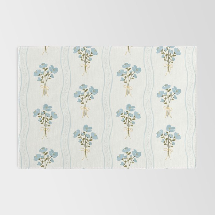Delicate floral bouquets with vertical stripes - light blue peacock and moss green flowers pattern Rug Gallery Image 2