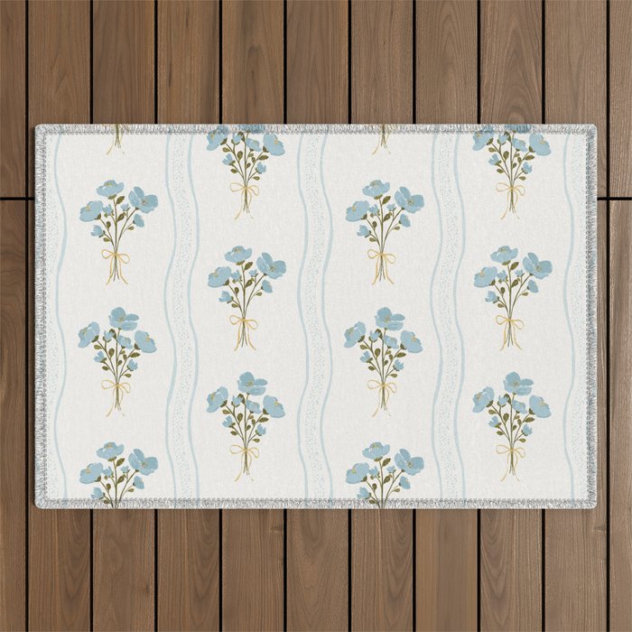 Delicate floral bouquets with vertical stripes - light blue peacock and moss green flowers pattern Outdoor Rug Gallery Image 1