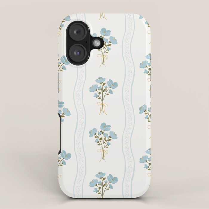 Delicate Floral Bouquets With Vertical Stripes - Light Blue Peacock And Moss Green Flowers Pattern Iphone Case
