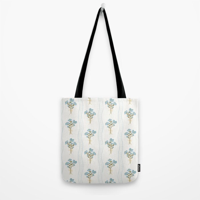 Delicate floral bouquets with vertical stripes - light blue peacock and moss green flowers pattern Tote Bag Gallery Image 2