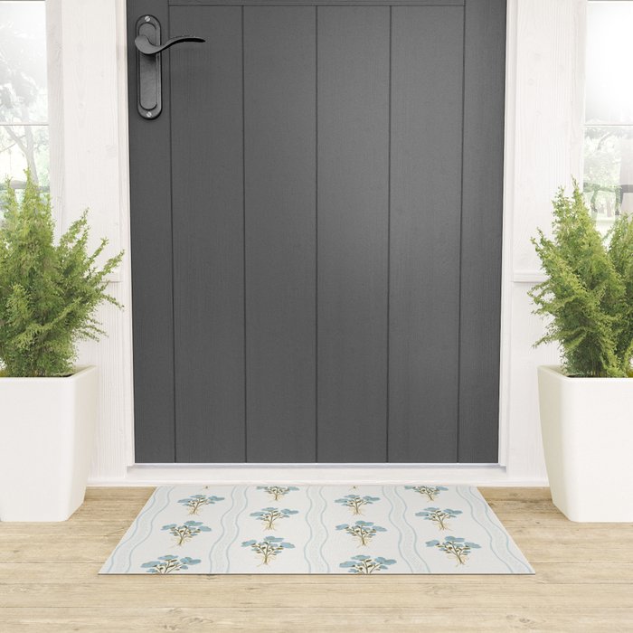Delicate floral bouquets with vertical stripes - light blue peacock and moss green flowers pattern Welcome Mat Gallery Image 3