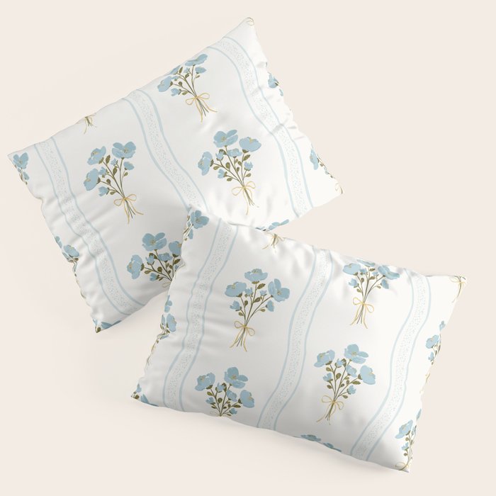Delicate floral bouquets with vertical stripes - light blue peacock and moss green flowers pattern Pillow Sham