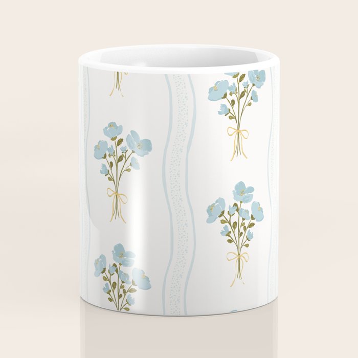 Delicate floral bouquets with vertical stripes - light blue peacock and moss green flowers pattern Coffee Mug Gallery Image 4