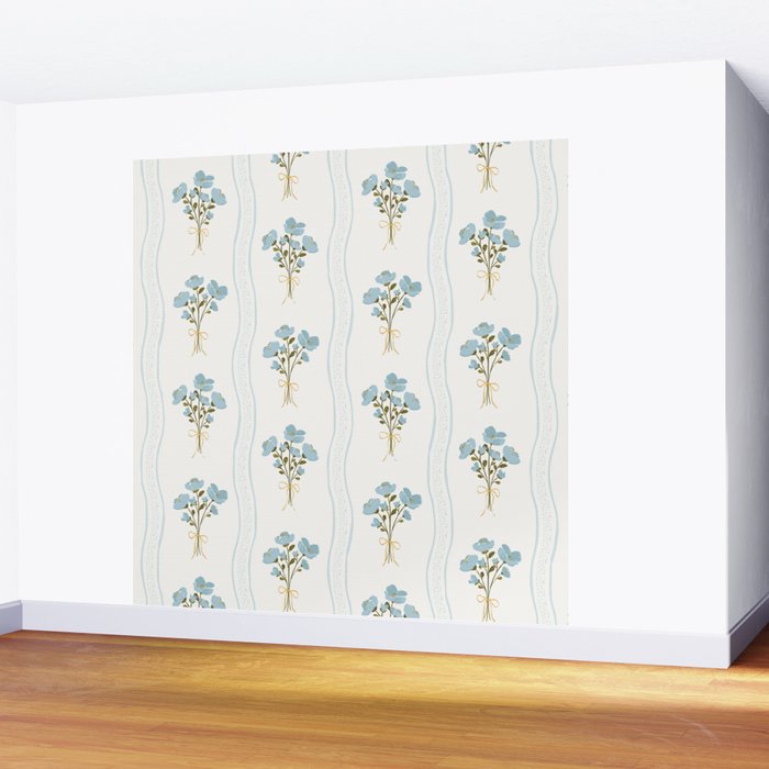 Delicate floral bouquets with vertical stripes - light blue peacock and moss green flowers pattern Wall Mural Gallery Image 2