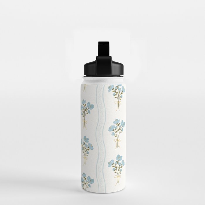 Delicate floral bouquets with vertical stripes - light blue peacock and moss green flowers pattern Water Bottle Gallery Image 2