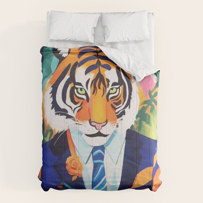 Tiger In a Suit, Wild Animals Tropical Jungle Fashion, Cheetah Leopard Anthropomorphism Eclectic, Bohemian Contemporary Maximalist Colorful Botanical Comforter Gallery Image 6