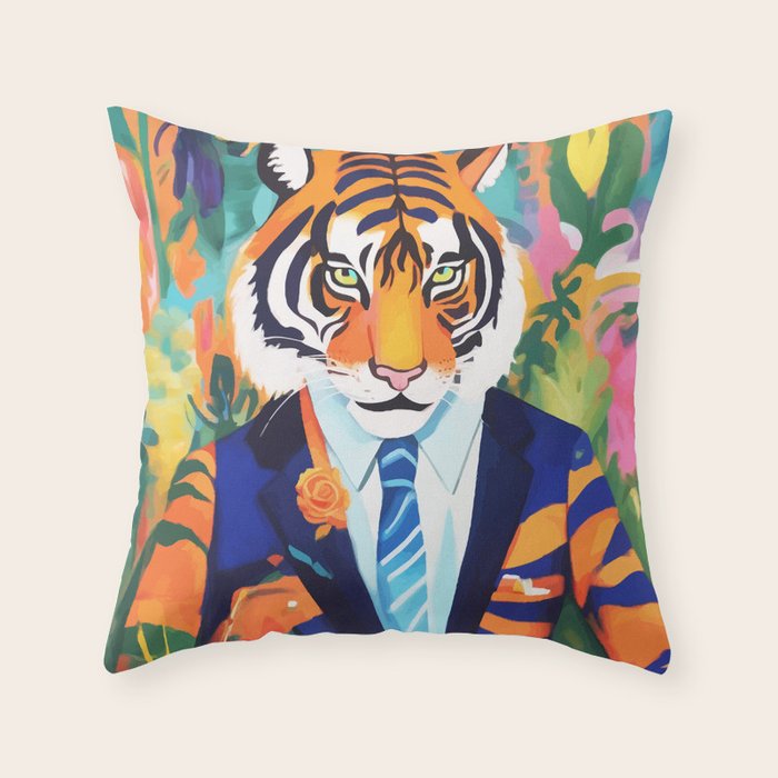 Tiger In a Suit, Wild Animals Tropical Jungle Fashion, Cheetah Leopard Anthropomorphism Eclectic, Bohemian Contemporary Maximalist Colorful Botanical Throw Pillow Gallery Image 6