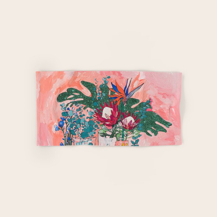 Cockatoo Vase - Bouquet of Flowers on Coral and Jungle Bath Towel Gallery Image 1