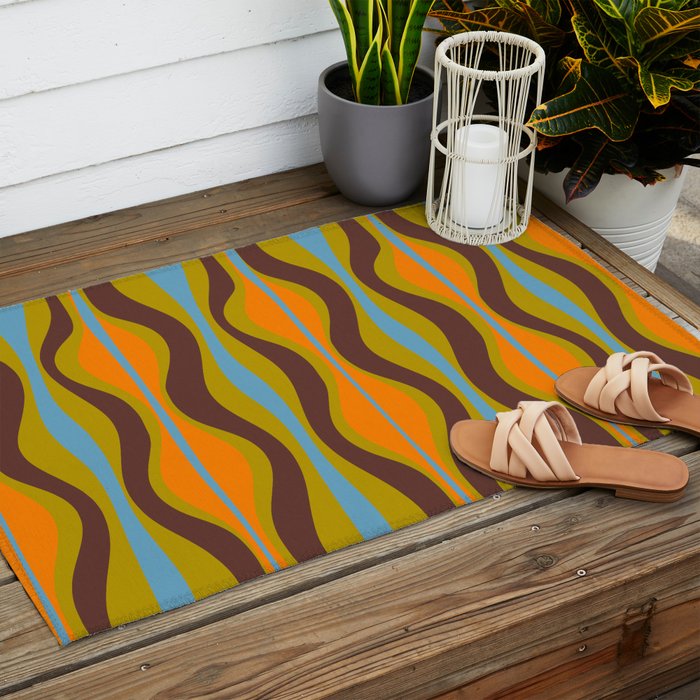 Retro Hourglass Abstract Eclectic Pattern in Brown Chartreuse Blue Orange Outdoor Rug Gallery Image 2