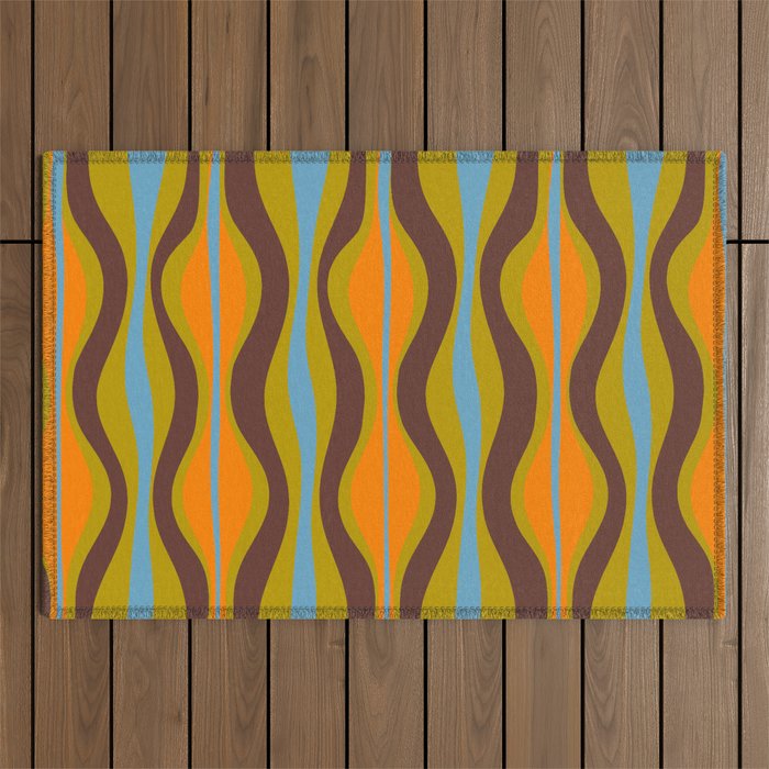 Retro Hourglass Abstract Eclectic Pattern in Brown Chartreuse Blue Orange Outdoor Rug Gallery Image 1