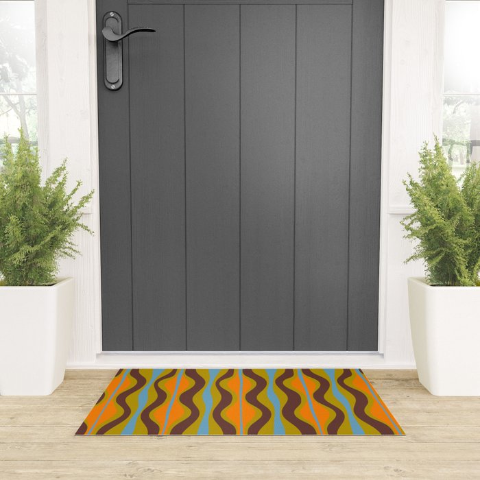 Retro Hourglass Abstract Eclectic Pattern in Brown Chartreuse Blue Orange Welcome Mat Gallery Image 3