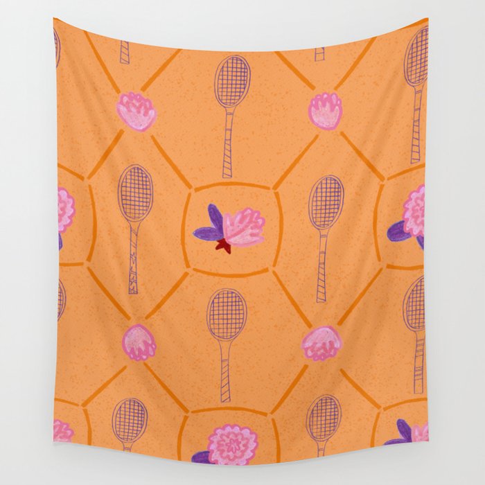 Tennis Rackets & Roses in Peach & Orange Wall Tapestry Gallery Image 1