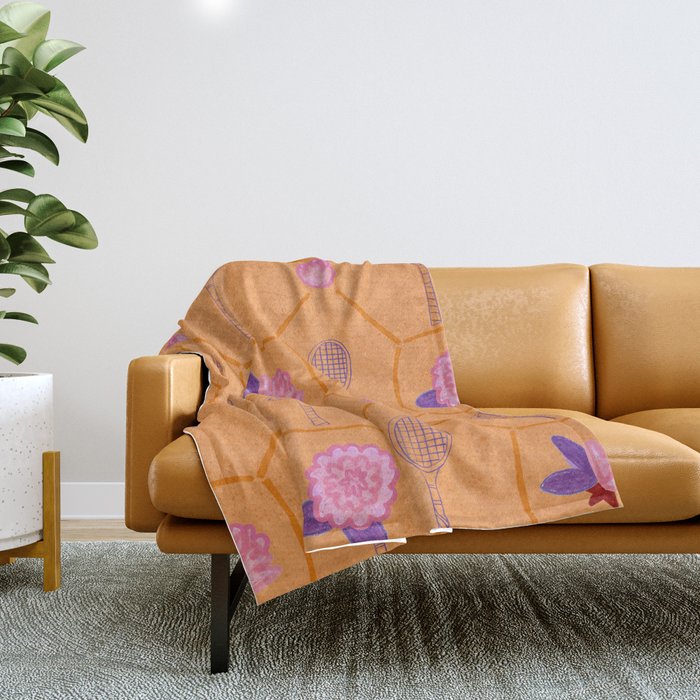 Tennis Rackets & Roses in Peach & Orange Throw Blanket Gallery Image 1