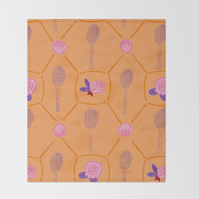 Tennis Rackets & Roses in Peach & Orange Throw Blanket Gallery Image 2